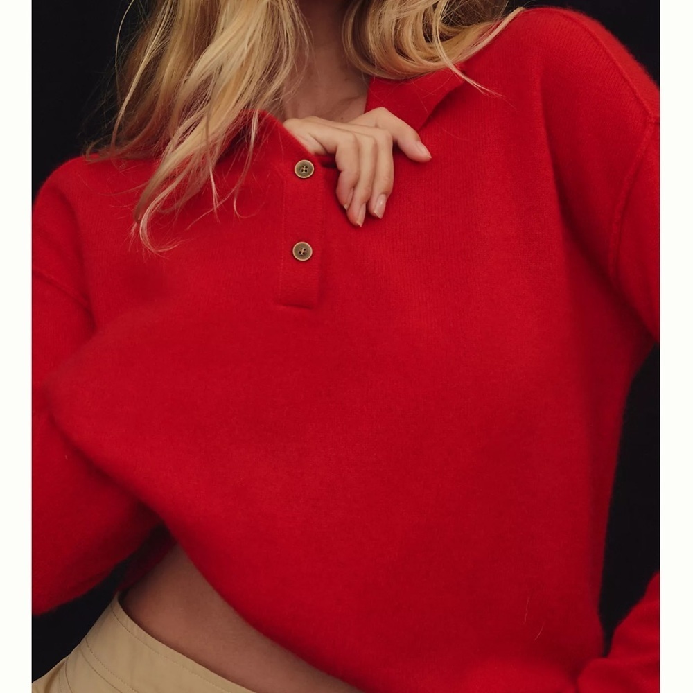 Anthropologie Pilcro The Jensen Cashmere Crop Polo in Crimson Red